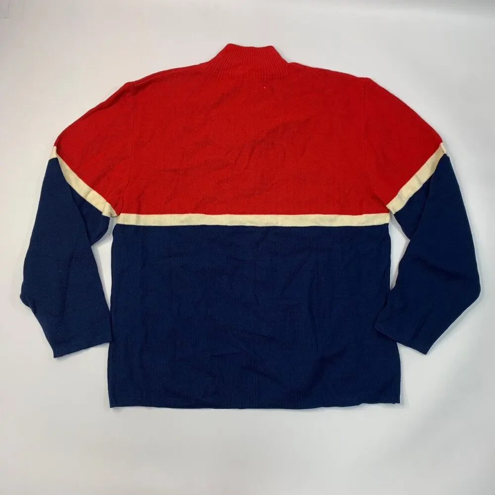 Vintage Badge Sweater Mens XL Extra Large‎ Navy Red Acrylic 1/4 Zip Colorblock